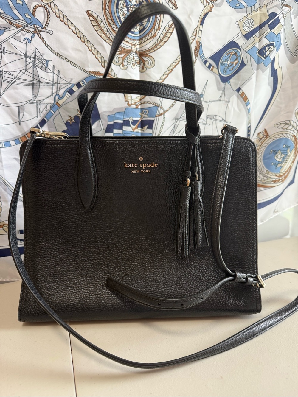 kate spade Black Pebbled Leather Satchel with Tassel